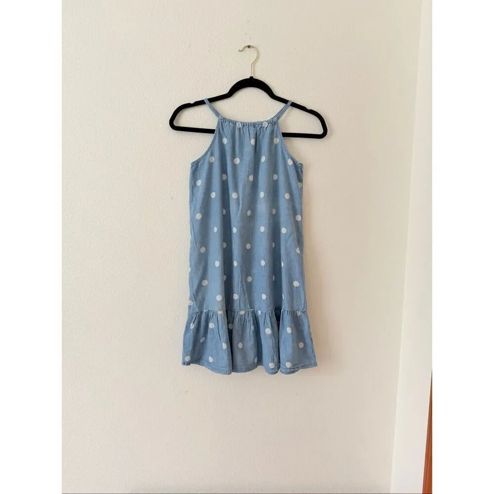 Old Navy Girls Dress Denim Pullover Sleeveless size 10-12 Blue / Polka dots